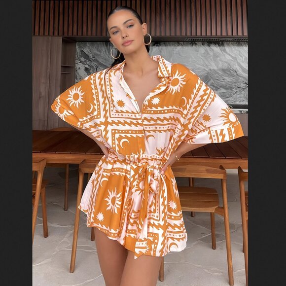Commense Pants - Commense Medium Orange White Boho Sun Moon Short Jumpsuit Summer Vacation NEW